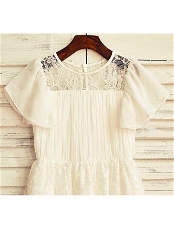 Short Tea-Length Chiffon A-line/Princess Sleeves Scoop Lace Flower Girl Dresses