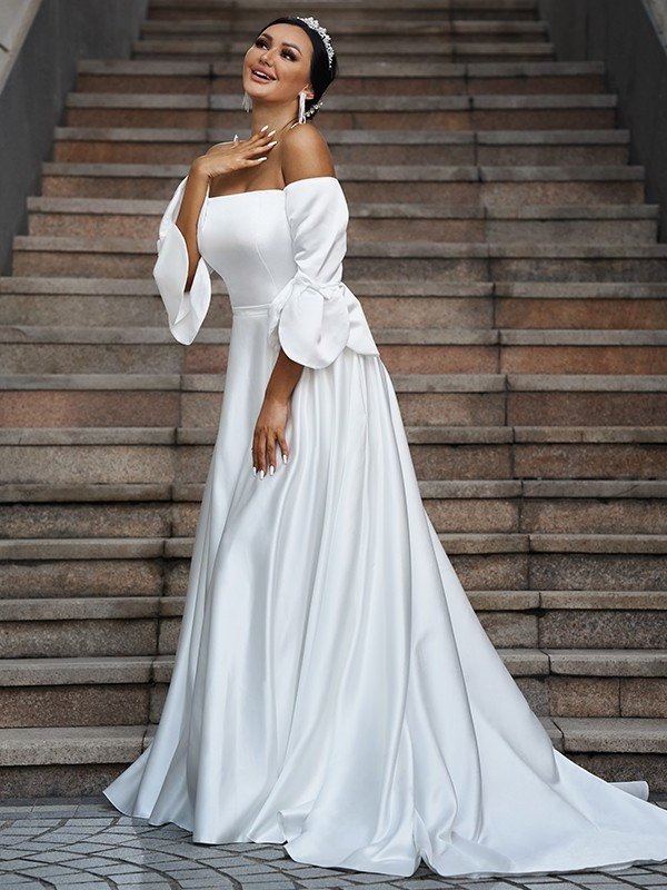 Charmeuse Off-the-Shoulder Ruffles A-Line/Princess 3/4 Sweep/Brush Sleeves Train Wedding Dresses