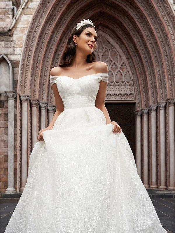 Sleeveless Ball Off-the-Shoulder Tulle Ruched Gown Court Train Wedding Dresses