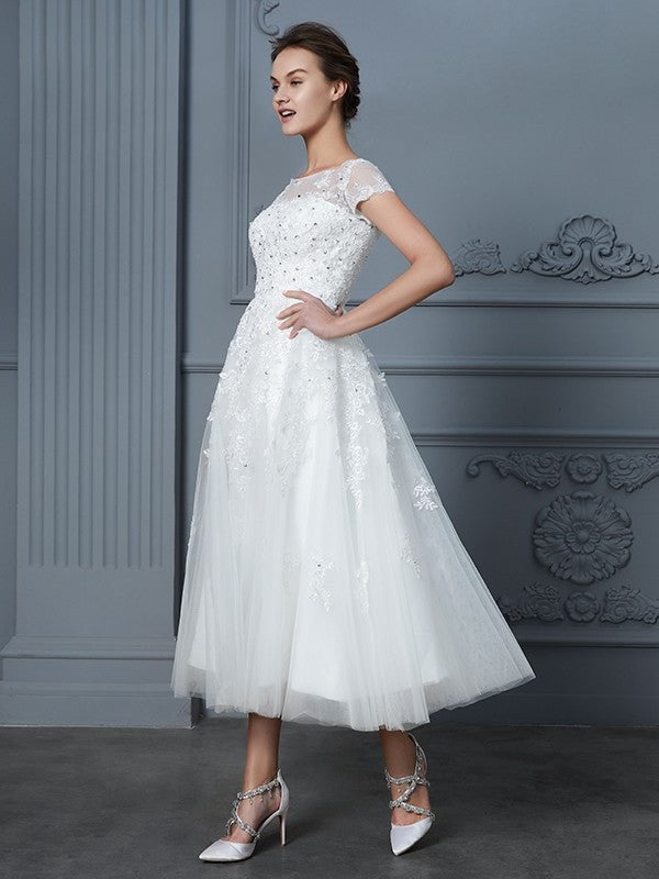 Tea-Length Scoop Short A-Line/Princess Sleeves Beading Tulle Wedding Dresses