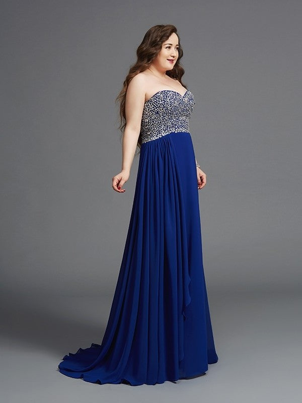 Chiffon Long Sleeveless Rhinestone Sweetheart A-Line/Princess Plus Size Dresses