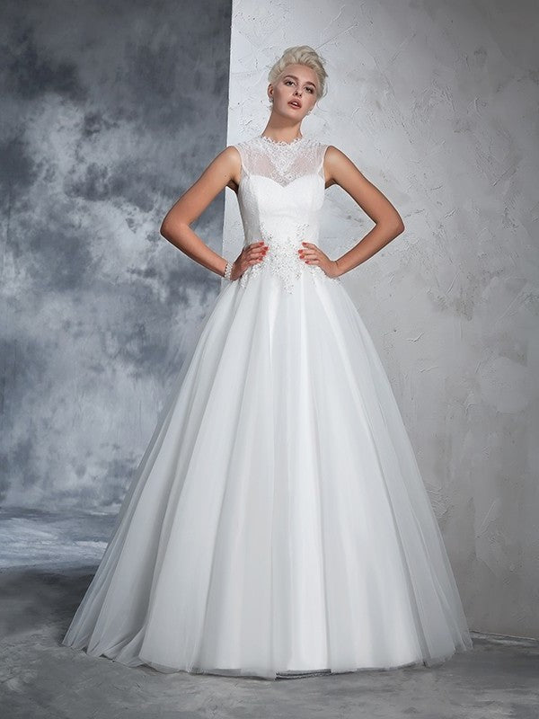 Neck High Long Ball Gown Sleeveless Applique Net Wedding Dresses