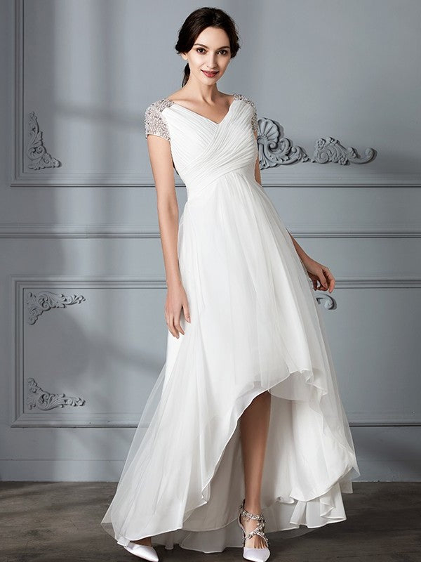 Asymmetrical Short V-neck A-Line/Princess Sleeves Tulle Wedding Dresses