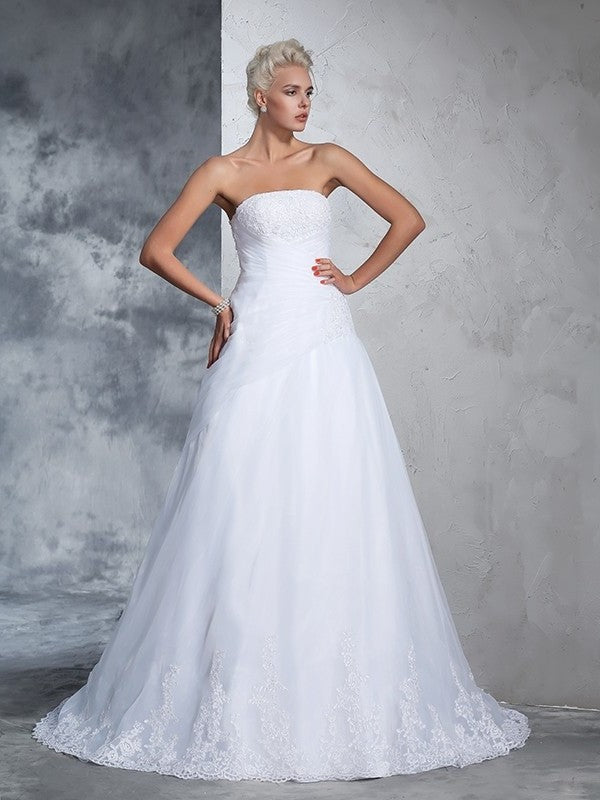 Gown Sleeveless Long Applique Ball Strapless Net Wedding Dresses