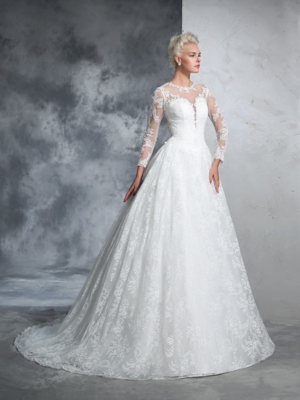 Ball Gown Lace Long Jewel Sleeves Long Lace Wedding Dresses