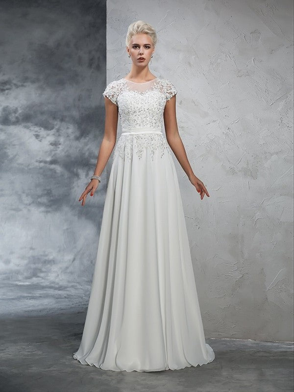 Neck Short Applique A-Line/Princess Long Sheer Sleeves Chiffon Wedding Dresses