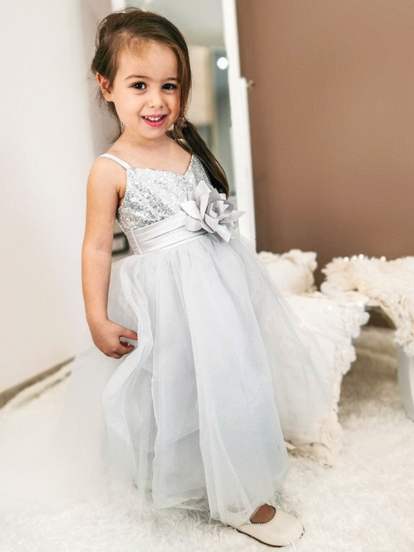 A-Line/Princess Sequin Tea-Length Spaghetti Tulle Sleeveless Straps Flower Girl Dresses