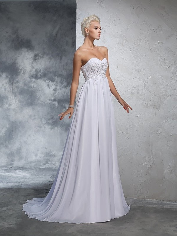 A-Line/Princess Sweetheart Beading Long Sleeveless Chiffon Wedding Dresses