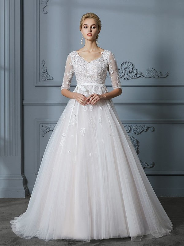 Gown 1/2 Lace Train V-neck Ball Sleeves Court Tulle Wedding Dresses