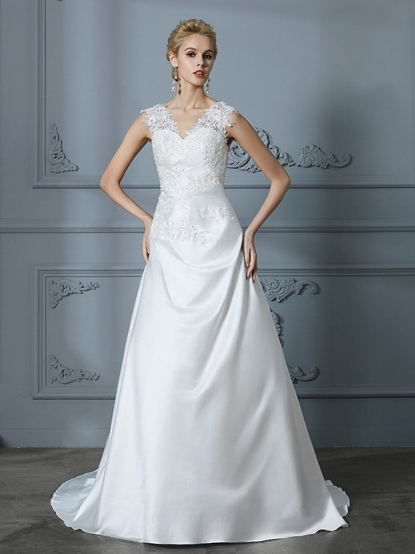 A-Line/Princess V-neck Sleeveless Sweep/Brush Applique Train Satin Wedding Dresses