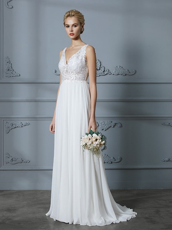 Train Sweep/Brush Sleeveless A-Line/Princess V-neck Chiffon Wedding Dresses