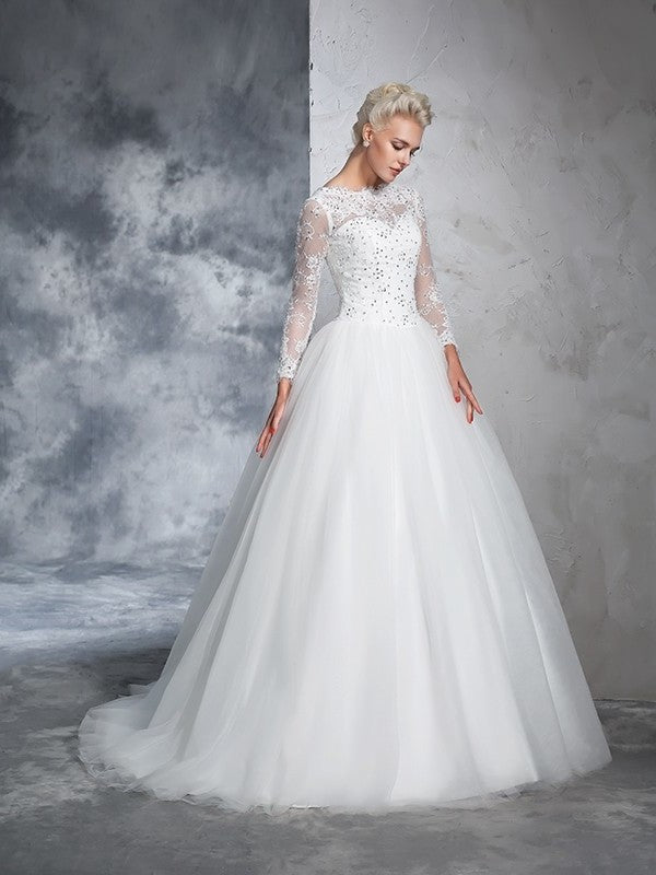 Ball Sleeves Long Bateau Gown Lace Long Net Wedding Dresses