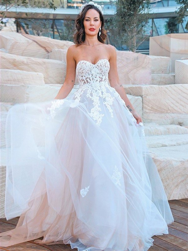 Sleeveless A-Line/Princess Sweetheart Sweep/Brush Tulle Applique Train Wedding Dresses