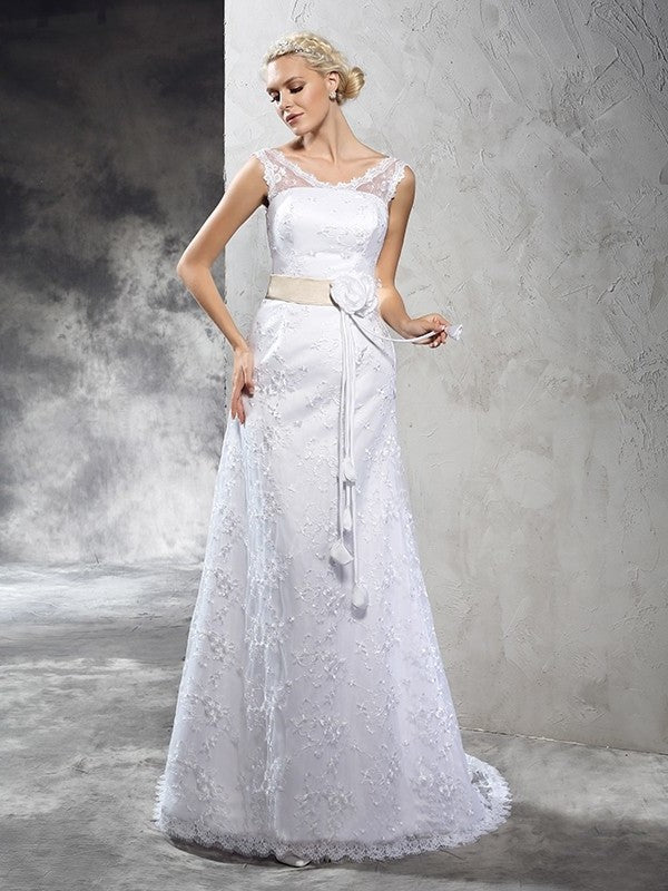 Sleeveless Sheath/Column Neck Long Flower Sheer Hand-Made Satin Wedding Dresses