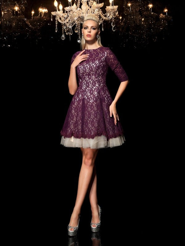 A-Line/Princess Marissa Sheer Neck Lace 1/2 Sleeves Short Lace Cocktail Homecoming Dresses Dresses