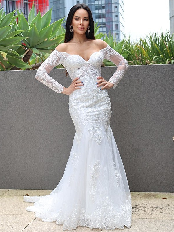 Sweep/Brush Applique Off-the-Shoulder Sleeves Long Trumpet/Mermaid Tulle Train Wedding Dresses