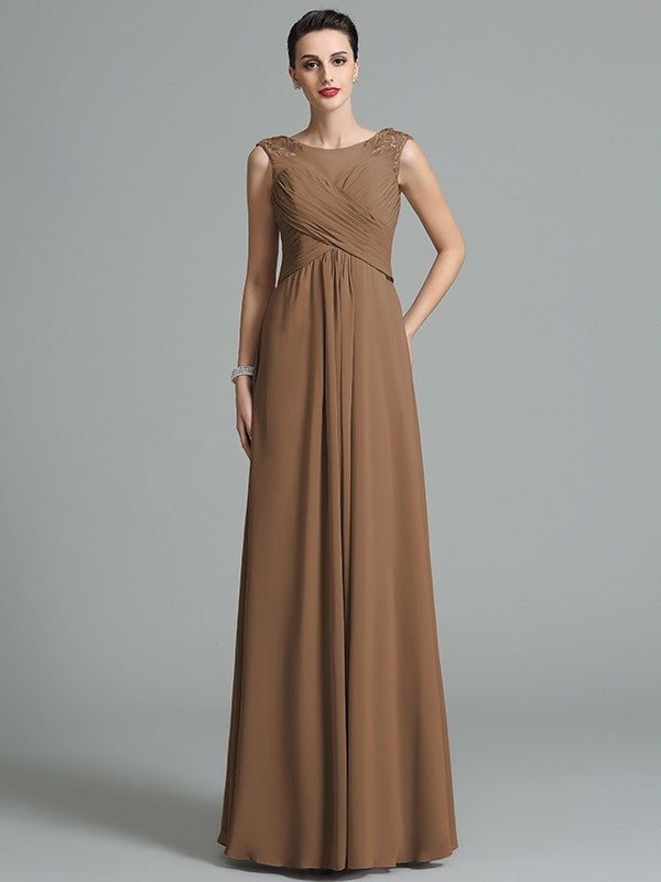 Long Sleeveless A-Line/Princess Ruched Scoop Chiffon Bridesmaid Dresses