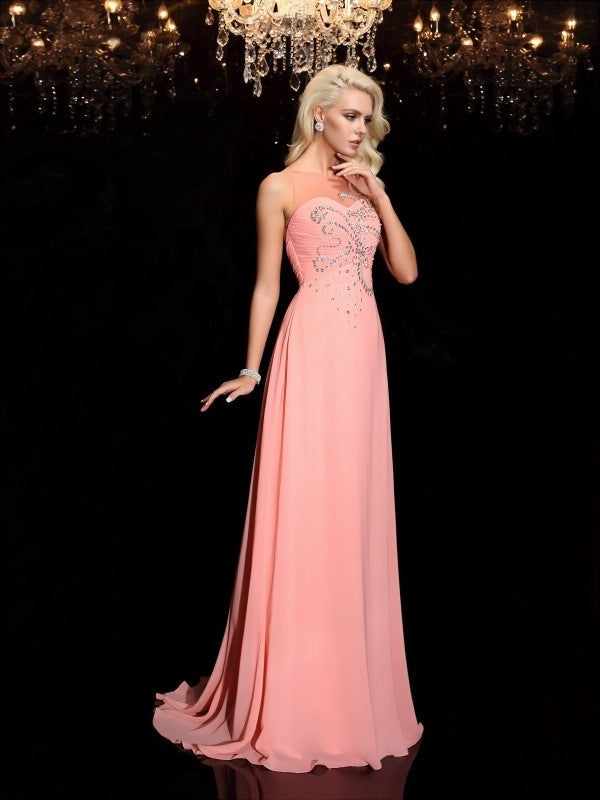 Sleeveless Beading Scoop A-line/Princess Long Chiffon Dresses