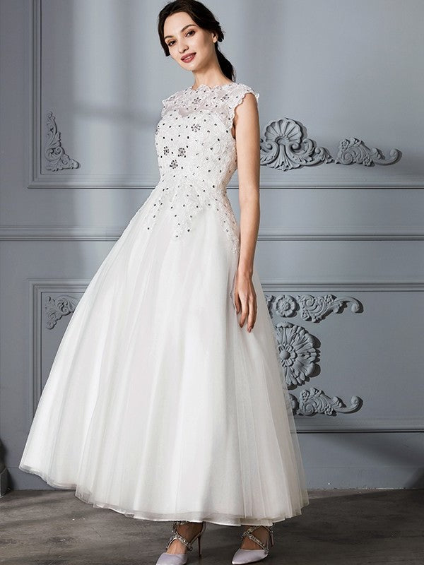 Gown Sleeveless Tea-Length Ball Scoop Tulle Wedding Dresses