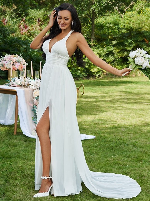 Halter Sleeveless Sweep/Brush Chiffon Ruffles A-Line/Princess Train Wedding Dresses