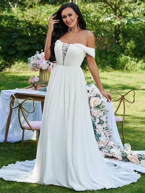 Sweep/Brush Ruffles Off-the-Shoulder A-Line/Princess Sleeveless Chiffon Train Wedding Dresses