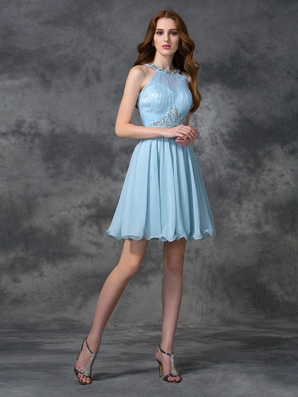 A-line/Princess Scoop Beading Sleeveless Short Chiffon Homecoming Dresses Cocktail Dresses Corinne