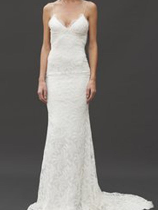 Sheath/Column Sleeveless Spaghetti Straps Train Court V-neck Lace Wedding Dresses