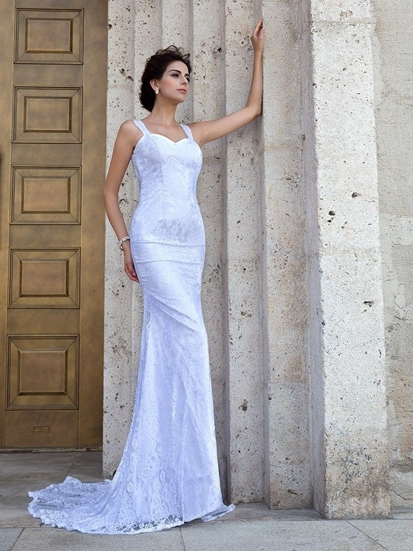 Sleeveless Straps Sheath/Column Lace Long Lace Wedding Dresses