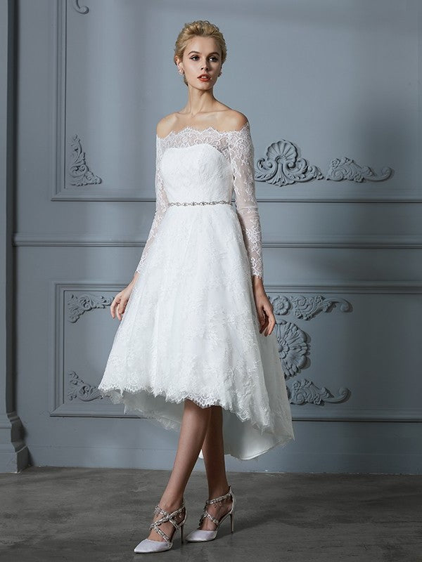 Sleeves Long A-Line/Princess Asymmetrical Off-the-Shoulder Lace Wedding Dresses