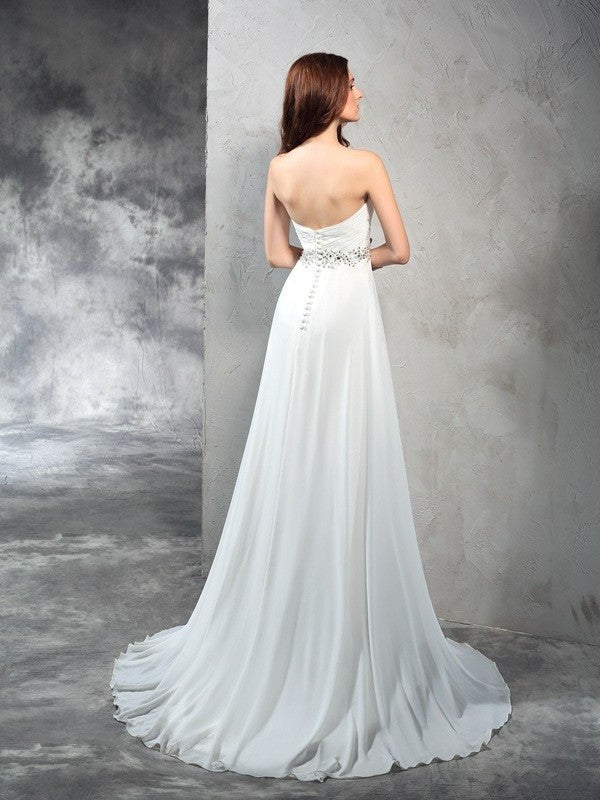 Pleats Sleeveless Sweetheart Long A-Line/Princess Chiffon Wedding Dresses