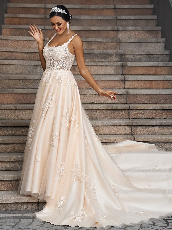 Sleeveless Applique A-Line/Princess Court Straps Tulle Train Wedding Dresses