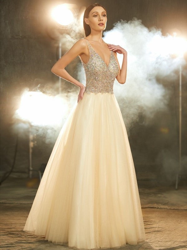 Ball Gown V-neck Sleeveless Beading Floor-length Tulle Dresses