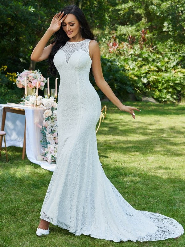 Ruffles Sleeveless Lace Trumpet/Mermaid Scoop Sweep/Brush Train Wedding Dresses