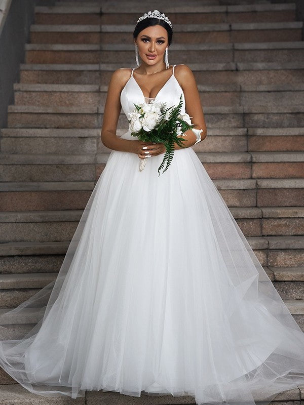 Ruffles Tulle Sleeveless V-neck Sweep/Brush A-Line/Princess Train Wedding Dresses