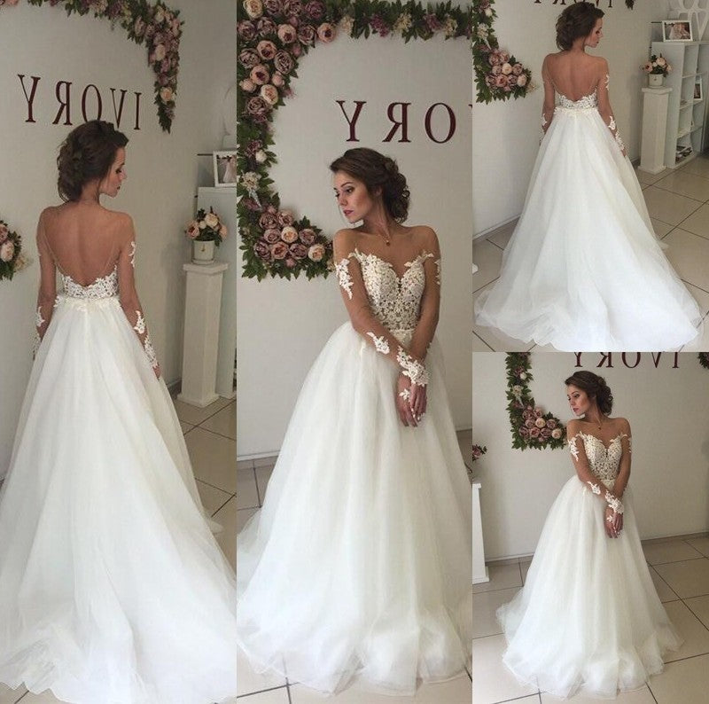 A-Line/Princess Long Tulle Off-the-Shoulder Sweep/Brush Train Sleeves Wedding Dresses