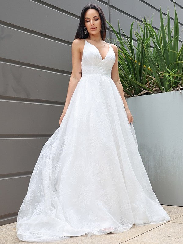 A-Line/Princess Lace Ruched Sweep/Brush V-neck Sleeveless Train Wedding Dresses