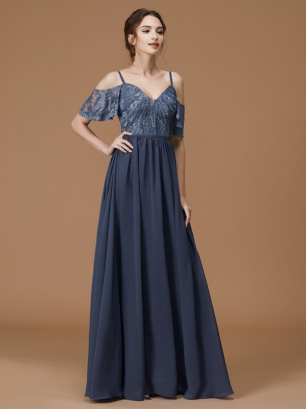 Sleeveless Lace Floor-Length Straps A-Line/Princess Spaghetti Chiffon Bridesmaid Dresses