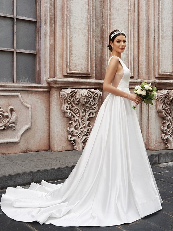 A-Line/Princess Ruffles Sleeveless Satin Scoop Sweep/Brush Train Wedding Dresses