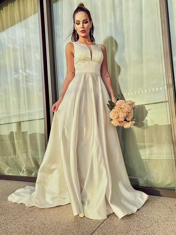 Scoop Ruffles Sweep/Brush A-Line/Princess Sleeveless Satin Train Wedding Dresses