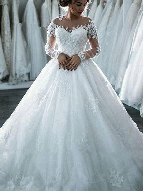 Gown Tulle Court Applique Sleeves Ball Long Scoop Train Wedding Dresses