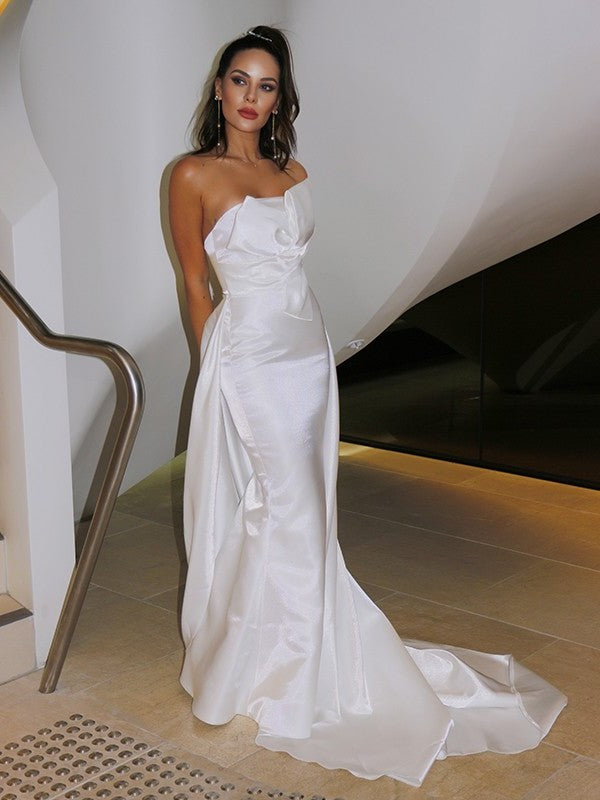 A-Line/Princess Sleeveless Strapless Ruched Court Satin Train Wedding Dresses