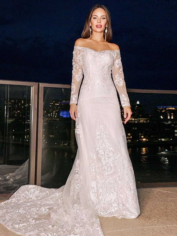 Sheath/Column Off-the-Shoulder Long Lace Court Sleeves Train Wedding Dresses