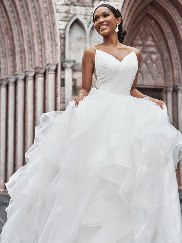 Ruffles Straps Tulle Sleeveless A-Line/Princess Spaghetti Sweep/Brush Train Wedding Dresses