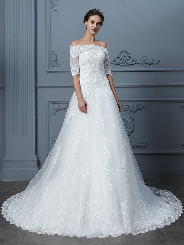 Ball Court Sleeves 1/2 Off-the-Shoulder Gown Train Beading Lace Wedding Dresses