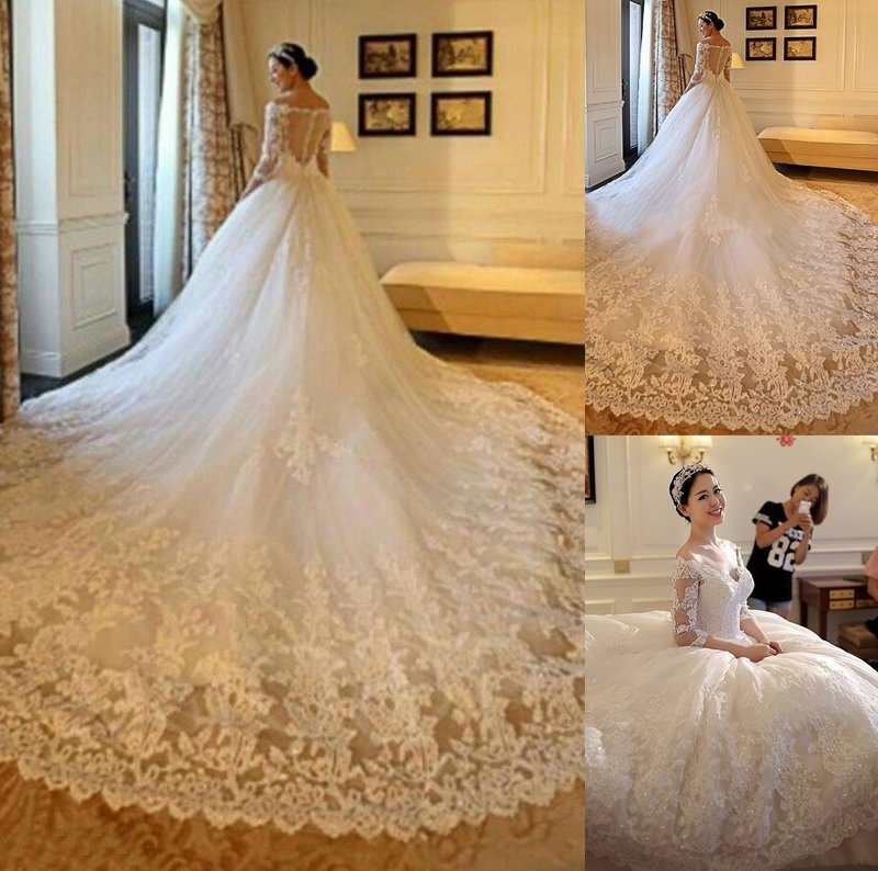 Applique 3/4 Sleeves Train Off-the-Shoulder Beading Cathedral Ball Gown Tulle Wedding Dresses