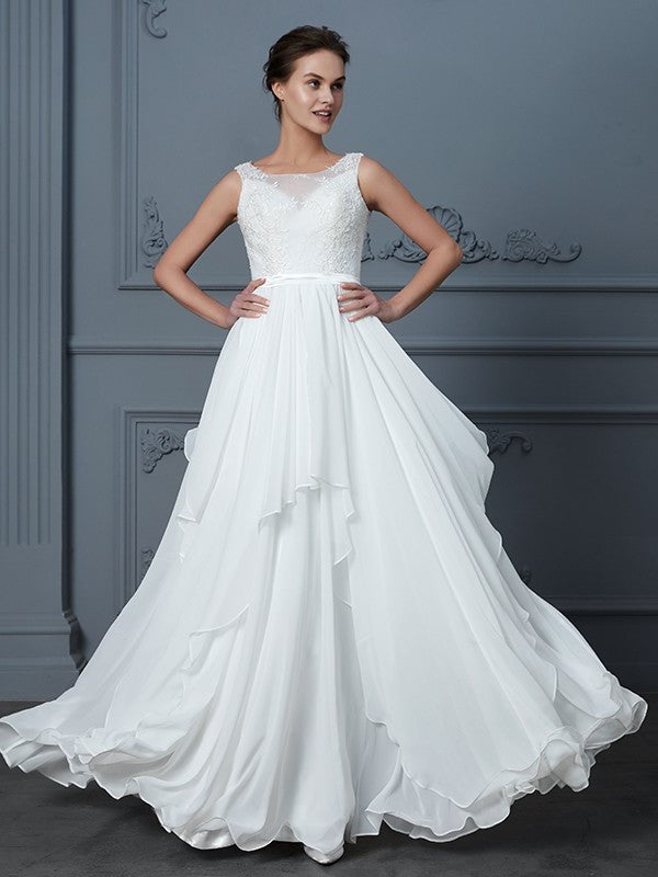 Ruffles Sleeveless A-Line/Princess Scoop Floor-Length Chiffon Wedding Dresses