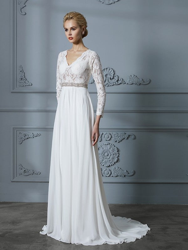 Lace V-neck Sweep/Brush A-Line/Princess Train Sleeves 3/4 Chiffon Wedding Dresses