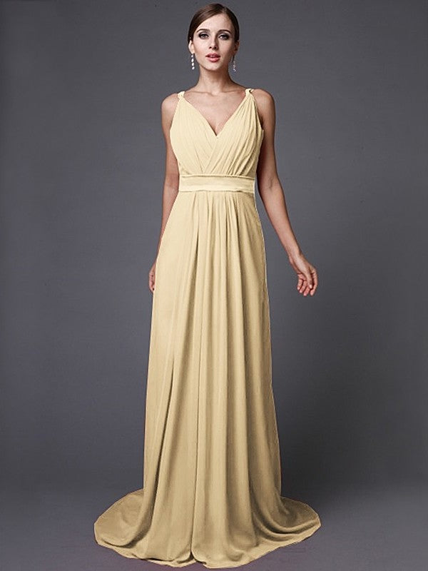 A-Line/Princess Long Sleeveless V-neck Ruffles Chiffon Bridesmaid Dresses