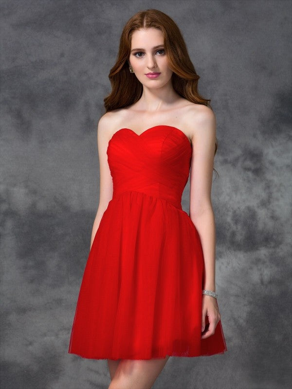 A-line/Princess Sweetheart Ruffles Sleeveless Short Homecoming Dresses Net Cocktail Micaela Dresses