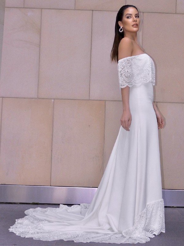 Sheath/Column Sweep/Brush Lace Short Ruffles Sleeves Off-the-Shoulder Train Wedding Dresses